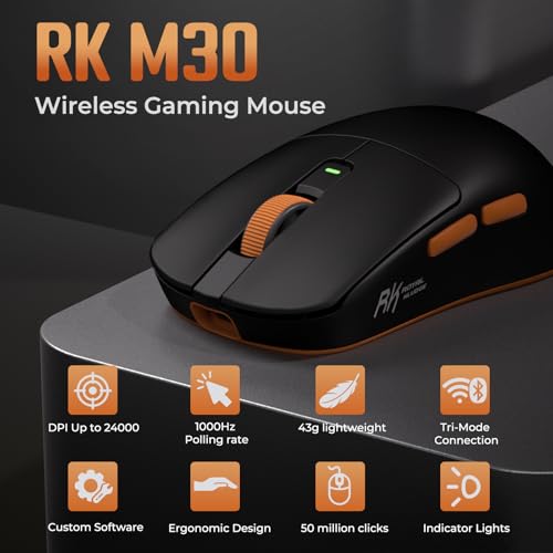 RK ROYAL KLUDGE RK M30 Wireless Gaming Mouse, 24000 DPI, 43g Ultra-Lightweight, PAW3311 Sensor, 2.4G/Bluetooth/USB-C Rechargeable Wireless Mouse with 5 Programmable Buttons for PC/Mac, Black