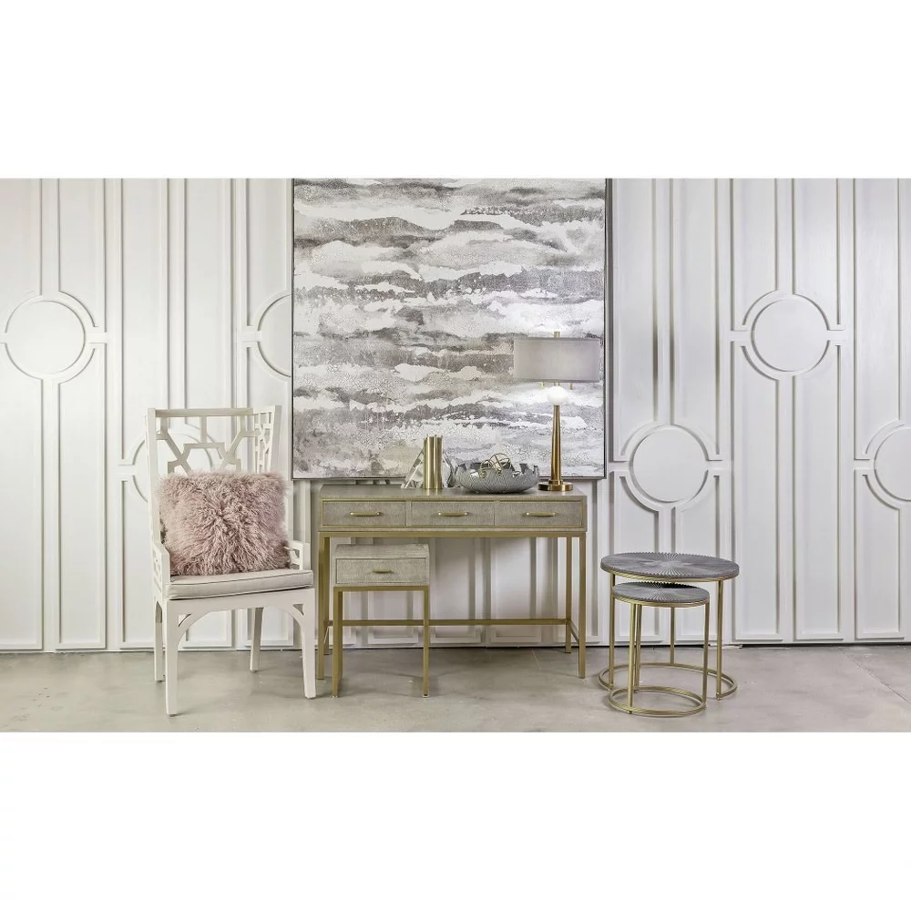 3-Drawer Art Deco Faux Shagreen Desk in Grey and Brushed Gold Frame and Handles with Golden Legs 47.25 inches W and 32 inches H-Grey Finish Bailey