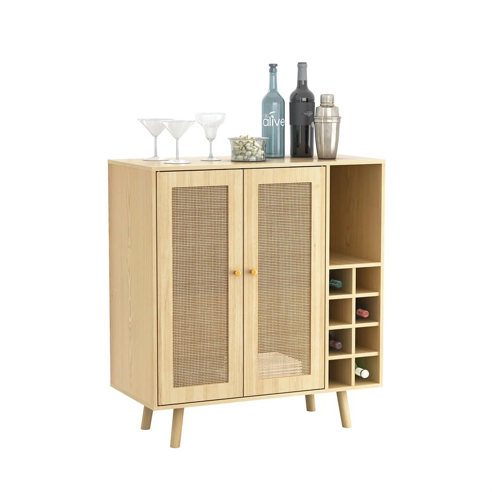 UrbanPro Modern Engineered Wood Bar Cabinet with Rattan Inlay in Oak