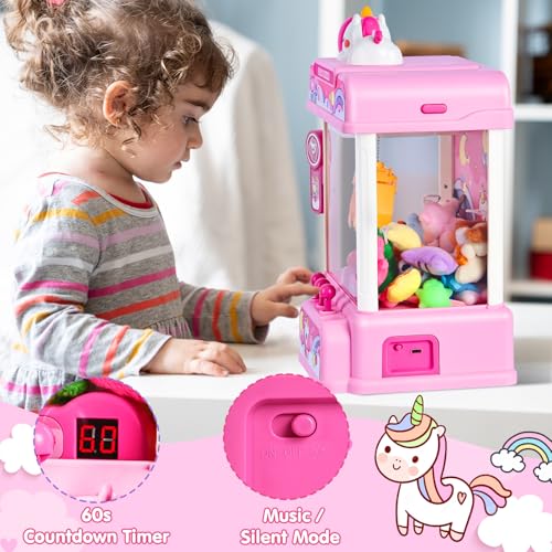 CWLAKON Claw Machine for Kids, Mini Vending Machine Girls Unicorn Toys with Sound & 20 Mini Toys, Candy Grabber Prize Dispenser Machine Electronic Arcade Games, Christmas Birthday Gifts, Pink