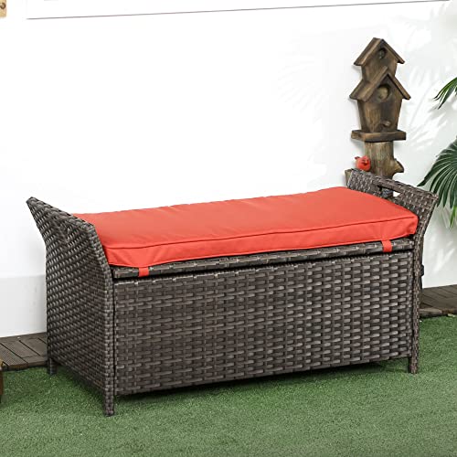 Outsunny 29 Gallon Patio Wicker Storage Bench, Outdoor PE Rattan Patio Furniture, 2-in-1 Large Capacity Rectangle Garden Storage Box with Handles and Cushion, Dark Blue
