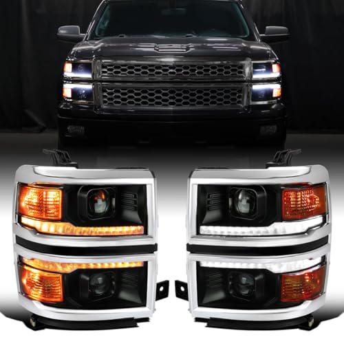 Fits 2014-2015 Chevy Silverado 1500 Upgraded Dual Projector Headlights LED Switchback Sequential Turn Signals + Animated Startup Effect Assembly Pair | Black | Chrome Trim