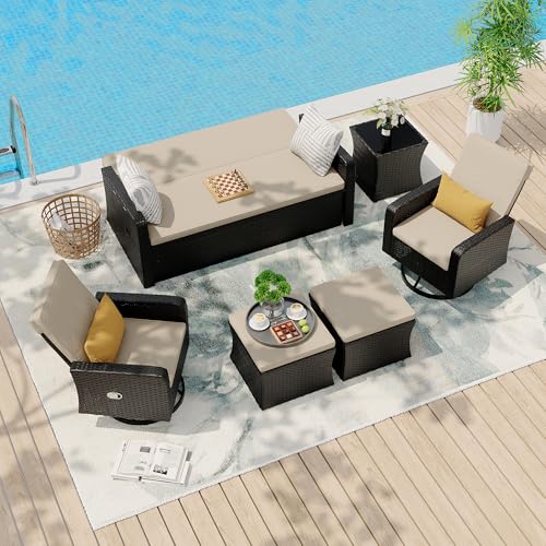 6 Piece Patio Furniture Set, Wicker Patio Conversation Sets with Swivel & Recline Chairs, Outdoor Sectional Sofa Sets with 2 Storage Ottoman, Outdoor Patio Recline Set for Backyard