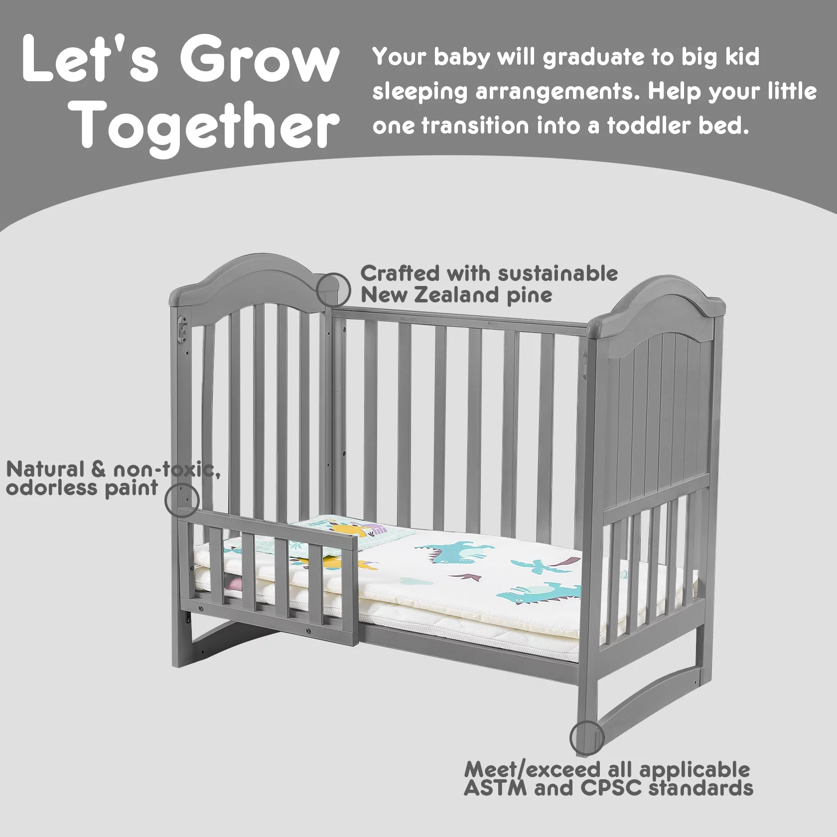 HARPPA 6-in-1 Convertible Mini Crib (Mattress + Mosquito Net Included), Gray