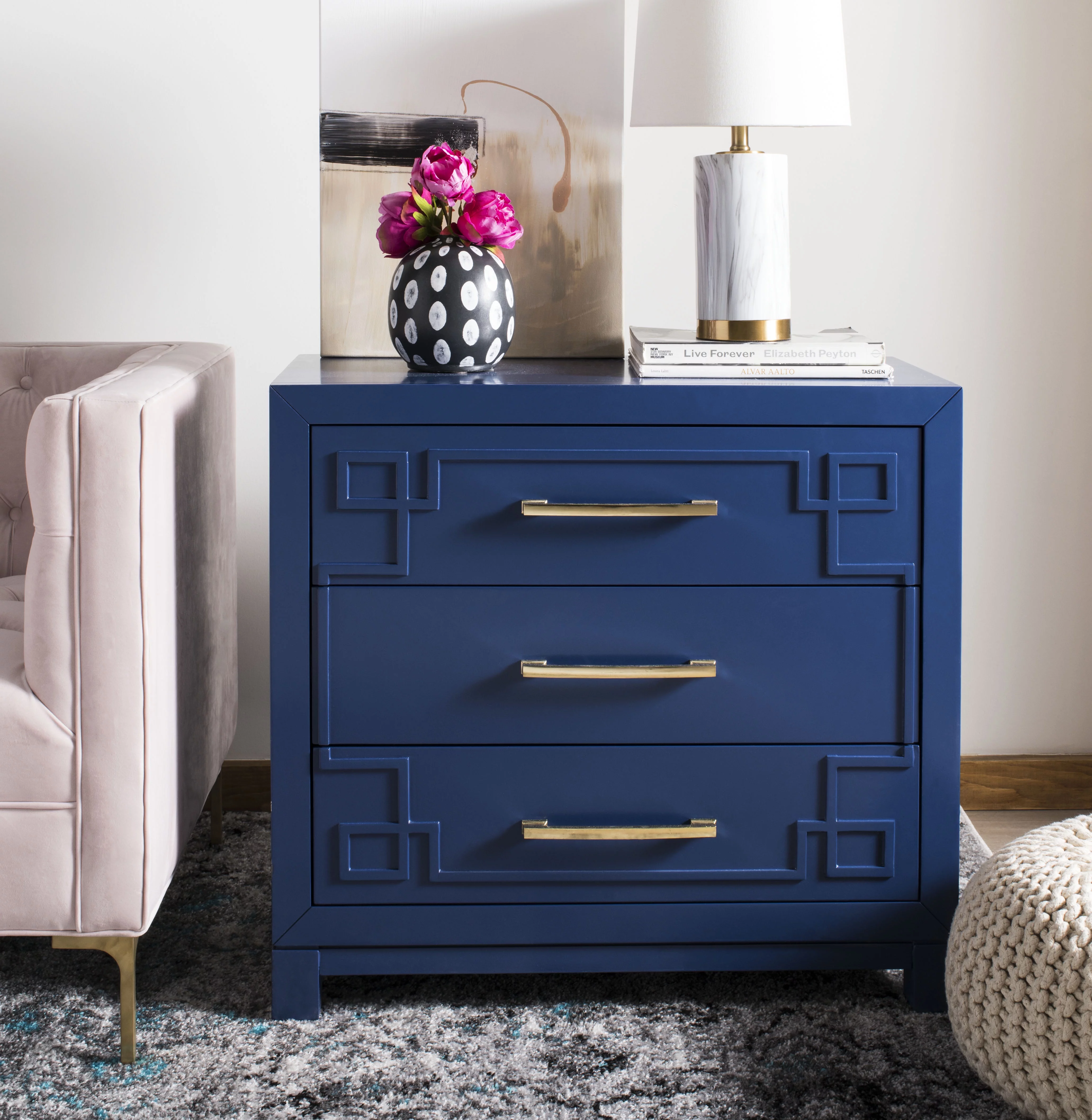 SAFAVIEH Raina Classic Solid 3 Drawer Chest, Lapis Blue/Gold