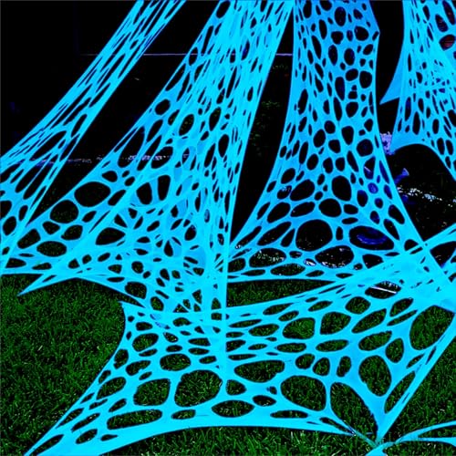 1400 Sqft Giant Durable Spider Webs Halloween Decorations Outdoor, Beef Netting for Glow in The Dark Spider Web, Blue Giant Outdoor Spider Decorations Set, with 3 Blacklight (48FT x 4FT)