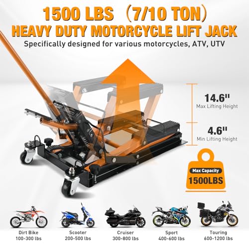 Nilight Motorcycle Lift Jack 1500 LBS Hydraulic Lifts ATV Scissor Jacks with Wheel Foot Pedal Handle Ratchet Belt Heavy Duty Lifter Stand Hoist Table for Dirt Bike Garage Storage Repair Tool,Orange