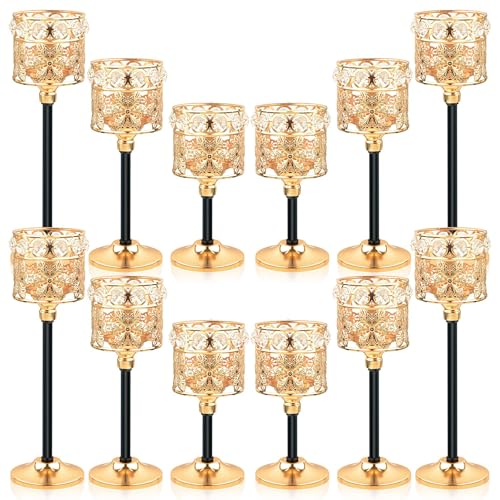 Set of 12 Floral-Carved Crystal & Metal Tealight Candelabras Bulk- Elegant Gold & Black Wedding Centerpiece, Dining Table Decor, Votive Candle Holders