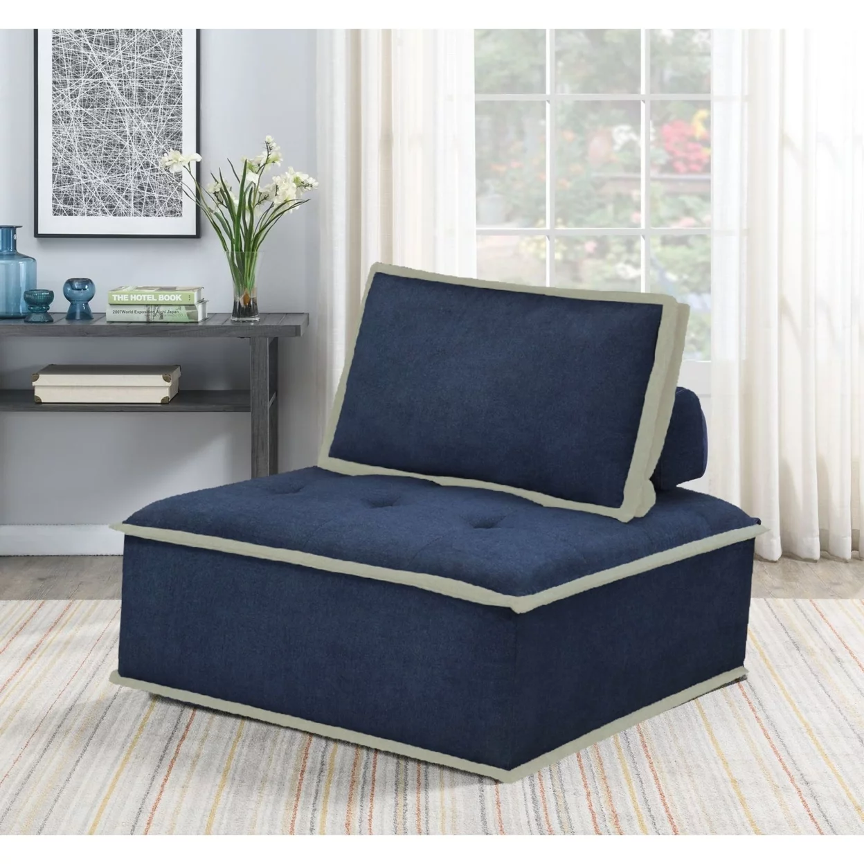 Pixie Navy Blue And Cream Fabric Modular Sectional Seating Armless Accent Chair