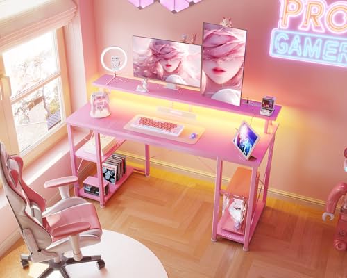 ODK 48 inch Gaming Desk with LED Lights & Power Outlets, Computer Desk with Monitor Stand & Storage Shelves, CPU Stand, Home Office Desk, White