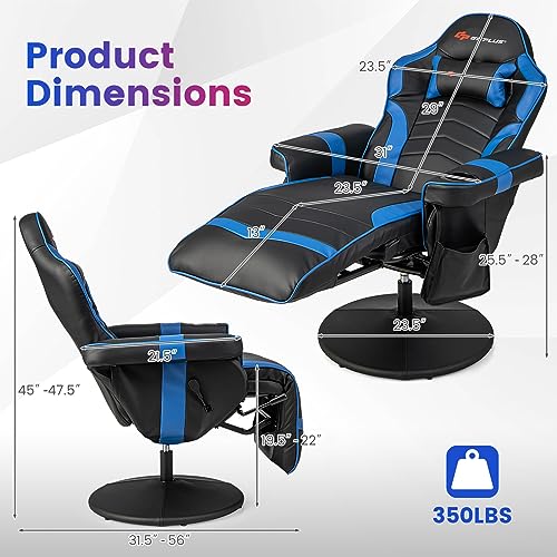 Gaming Recliner Adjustable Massage Gaming Chair with Cup Holder Footrest Ergonomic Single Sofa Living Room Home Theater Seating with Side Pouch, Blue