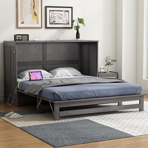 Ball & Cast Murphy Bed Queen Size Wall Chest with Built-in Charging Station and A Big Storage Drawer,Wood Hideaway Cabinet Platform Bedframe can be Folded,for Small Room,Dorms,Gray