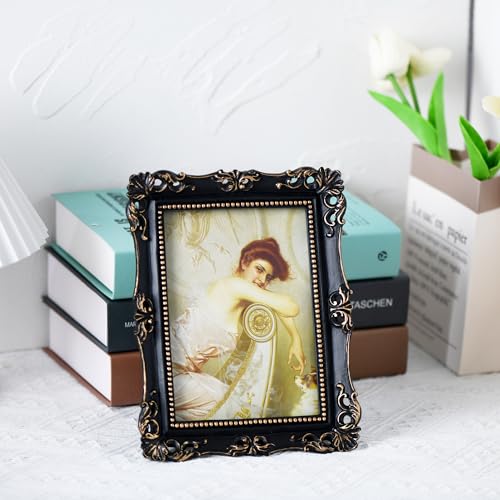 Funerom Vintage Picture Frames with Glass Front, Ornate Frame, Antique Photo Frames for Tabletop or Wall Hanging (Black, 5X7 inch)