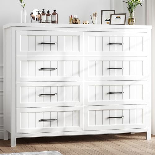 Farmhouse Dresser 8 Drawer Dresser for Bedroom, Large Wooden Dressers Double Grey Dresser with Deep Drawers Dressers for Hallway, Entryway (Gray)