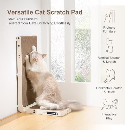 Cat Scratcher, 25.3 Inch Double Sided L Shape Cat Scratching Board, No Assembly Cat Scratch Pads with Ball Toy, Cat Scratchers for Indoor Cats & 3X Catnip, Large