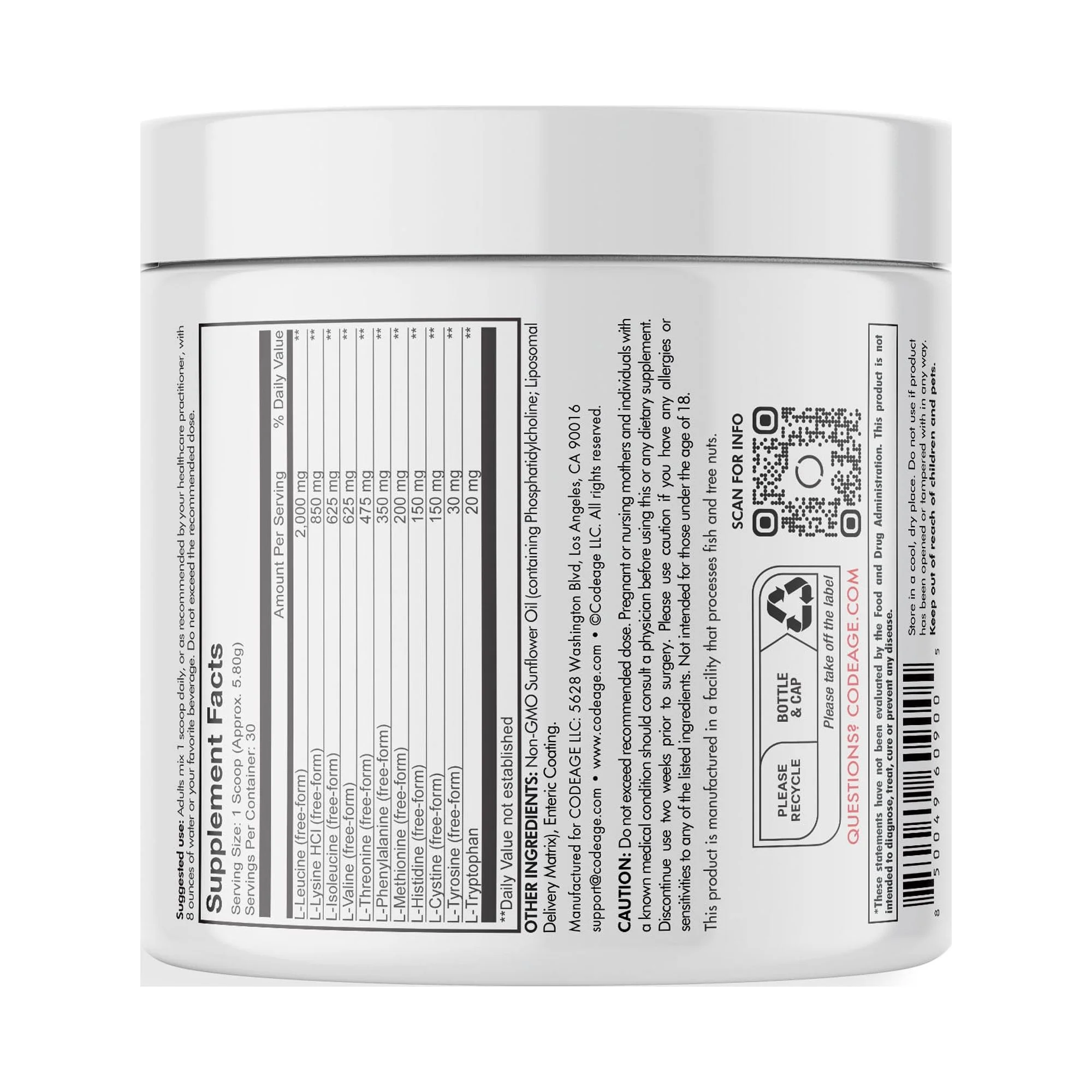 Codeage Multi Amino+ Powder, Liposomal EAA + Branched-Chain Amino Acid Powder Supplement, 6.15 oz