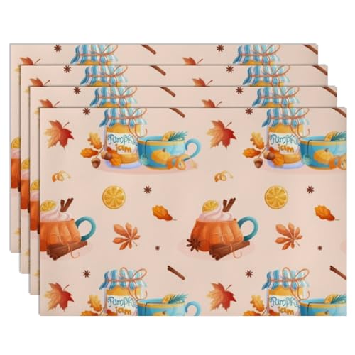 Fall Pumpkin Jam Place Mats Faux Leather 12 X 18 Inch Wide Placemats for Dining Table Cartoon Harvest Pattern Table Placemats Non Slip Western Kitchen Decor Halloween Christmas Dinner Party 6 Pack