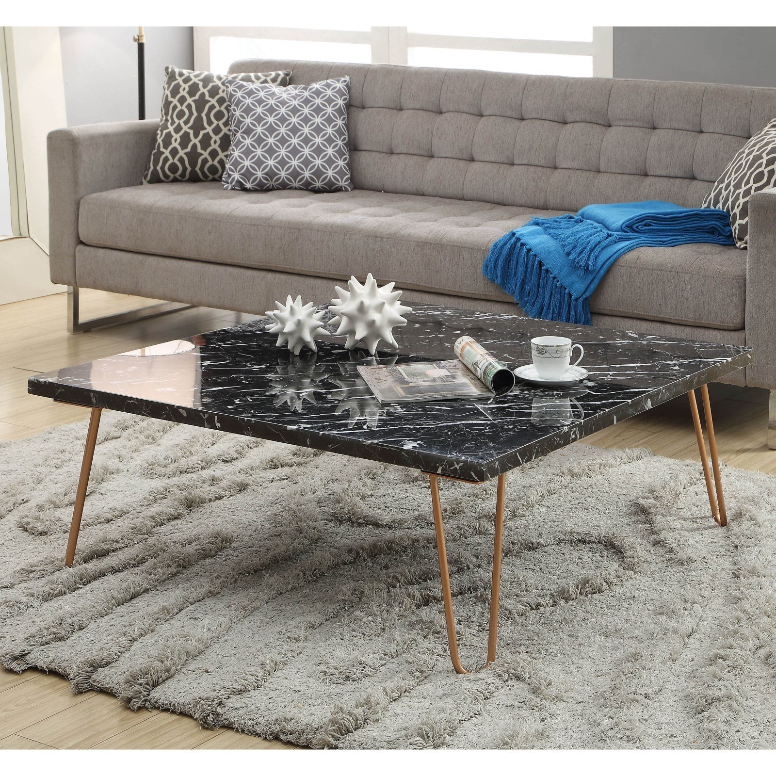 Acme Industrial Coffee Table With White Marble And Black Finish 84500