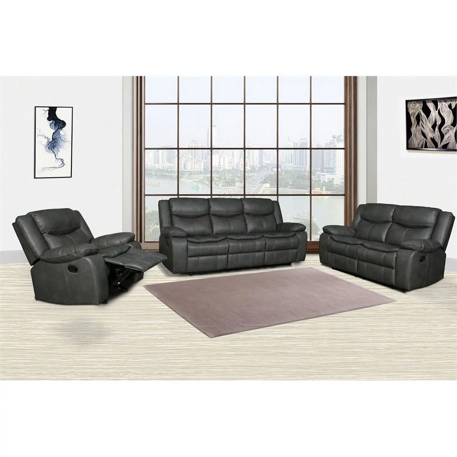 Titan Furnishings Transitional Faux Leather Reclining Sofa Set in Gray