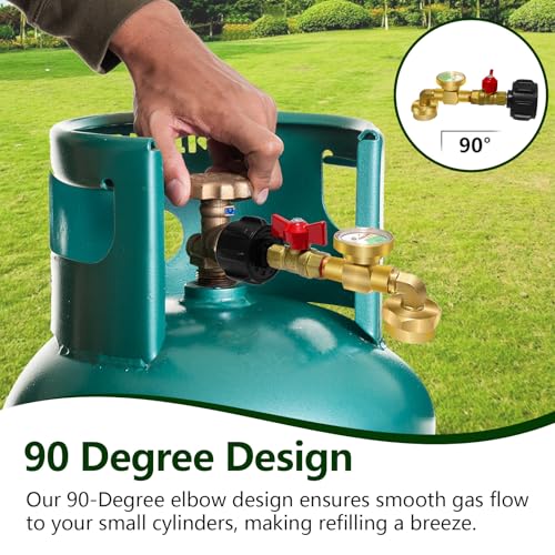 Propane Refill Adapter for 1 LB. Tanks, Propane Adapter 20lb to 1lb Converter with Gauge Valve, Propane Refill Elbow Adapter with 4 Bottle Caps for BBQ Grill Stove Camping RV, Solid Brass