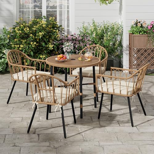 DWVO Patio Furniture Set 4 Pieces Boho Wicker Bistro Set, All Weather Outdoor Rattan Conversation Set with Loveseat Chairs Table Soft Cushions for Backyard, Pool, Garden - Grey