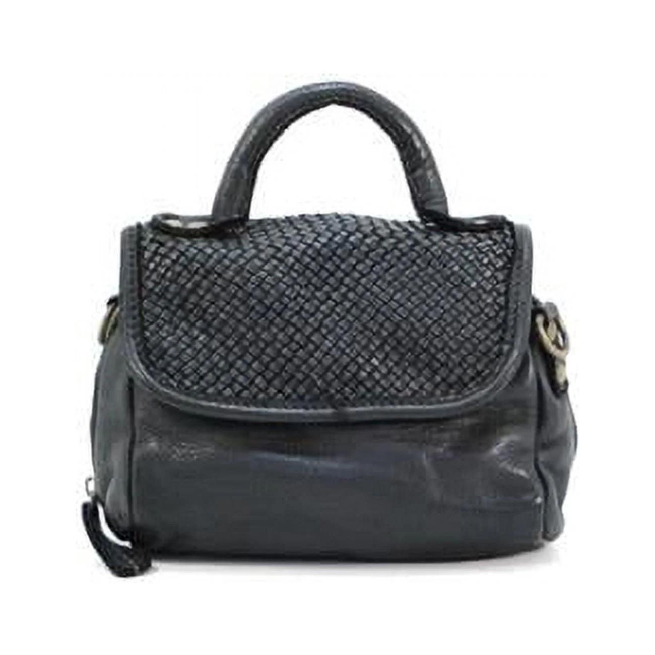 Italian Artisan  Womens Handcrafted Mini Vintage Handbag in Genuine Washed Calfskin Leather, Black - Small