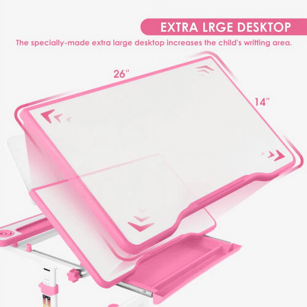 COSVALVE Height Adjustable Kids Study Desk & Chair Set Children Girl Table Large Writing Board Desk with LED Lamp,Drawer,Bookstand,Chair Cover(Pink)