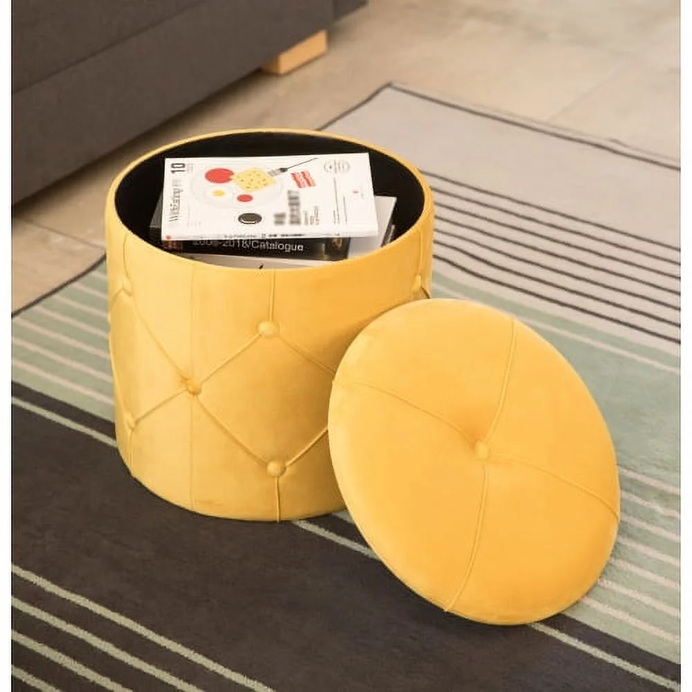 Fabulaxe  15.75 x 15.5 in. Round Wooden Velvet Ottoman Stool with Lid, Yellow