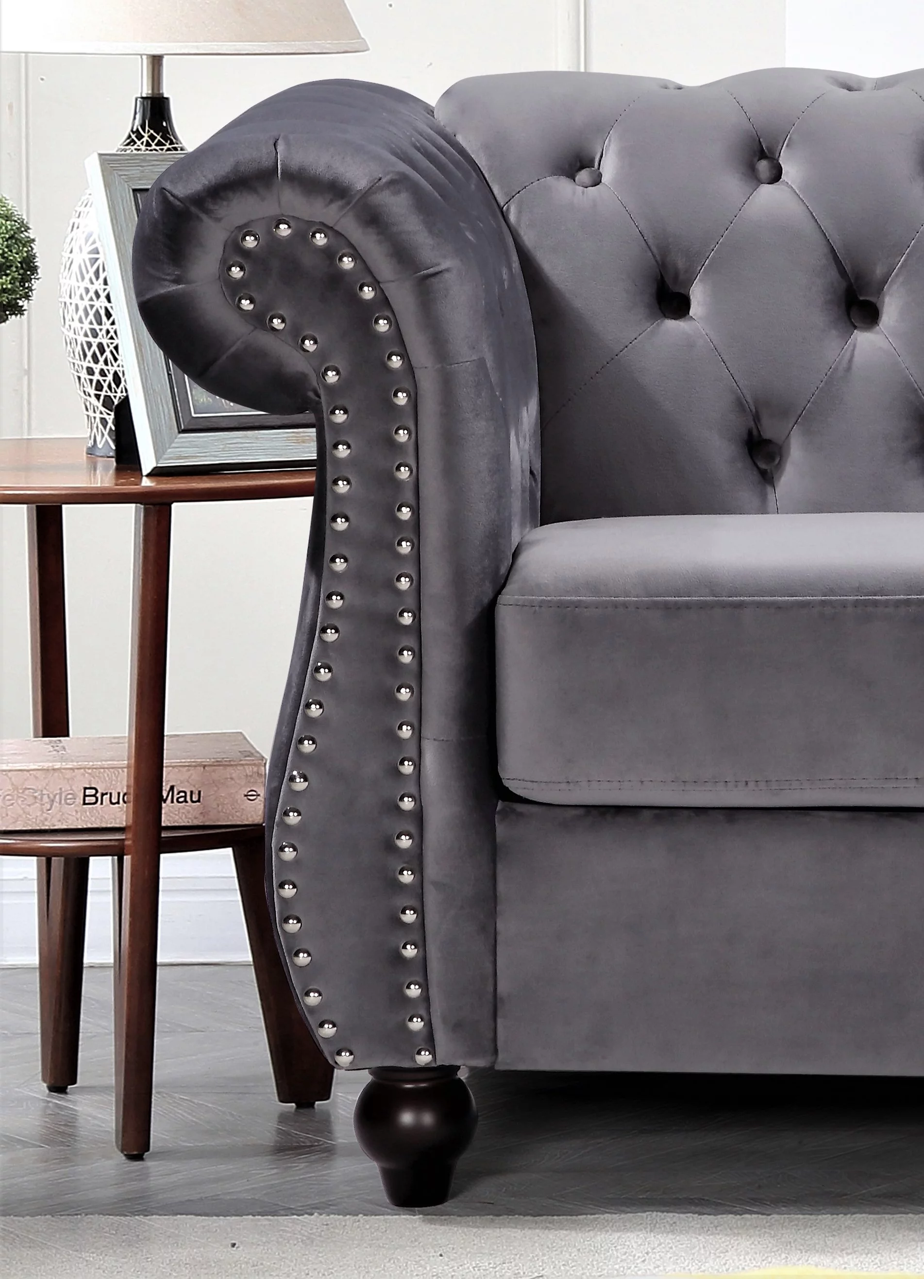 Uspridefurniture Fender 82.6'' Velvet Rolled Arm Sofa -Gray