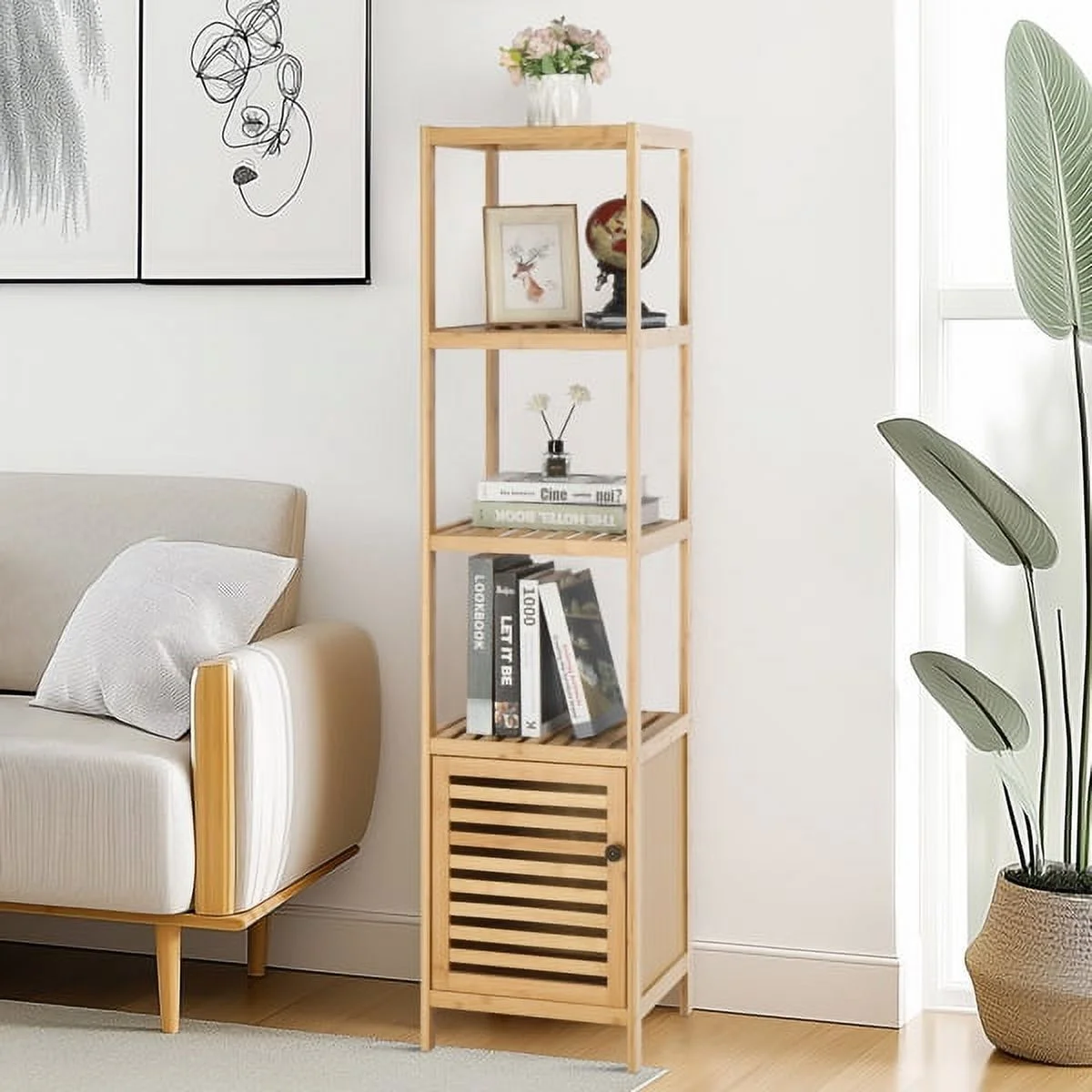 SYTHERS Bamboo Bathroom Storage Shelf, 5 Tier Floor Shelving Unit, Corner Slim Rack Cabinet Organizer Unit for Living Room, Kitchen, Natural