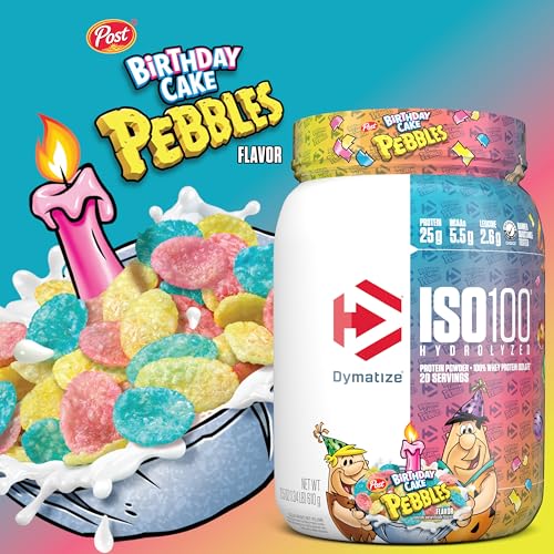 Dymatize x Fruity Pebbles ISO100 Whey Protein Powder Isolate, 25g of Protein, 20 Servings, 5.5g BCAAs, 120 Cal., Gluten Free, 1g Fat, 1g Sugar, 2g Carb