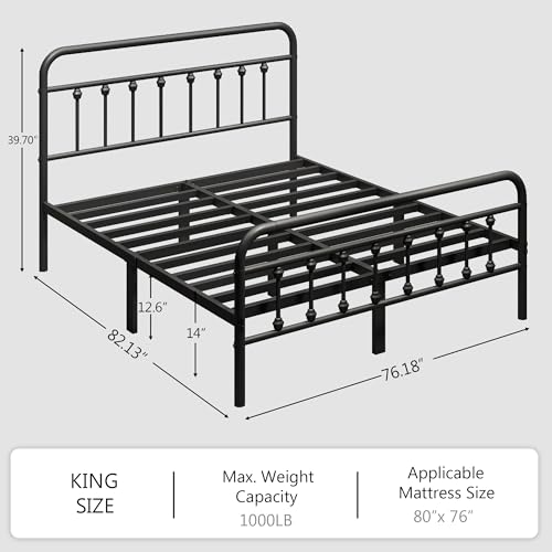 Full Size Metal Platform Bed Frame/Victorian Style Headboard and Footboard/Steel Slat Support/Easy Assembly/No Box Spring Needed/Underbed Storage/Noise Free/Black
