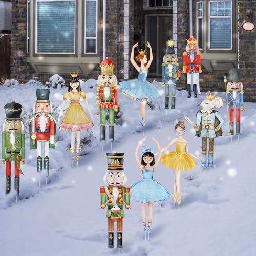 BBTO 12 Pcs Christmas Nutcracker Yard Signs with Stakes Xmas Mini Princess Ballet Mouse King Soldiers Lawn Decor Nutcracker Yard Stakes Outdoor Decor for Pathway Walkway Holiday