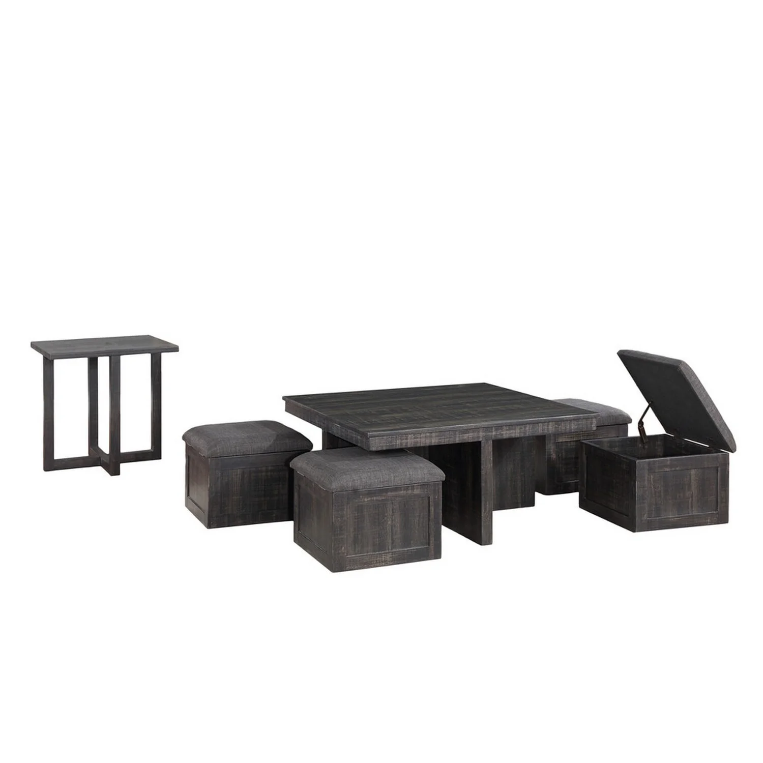 Benjara BM302257 Mizo 1 End Table & 4 Nesting Ottomans Coffee Table Set, Gray Oak - 6 Piece