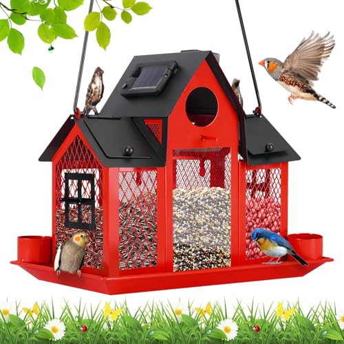 Solar Bird Feeders House Outside Hanging Metal Wild Bird Feeder Outdoors Large Cardinal Bird Feeder Birdhouses Squirrel Proof White