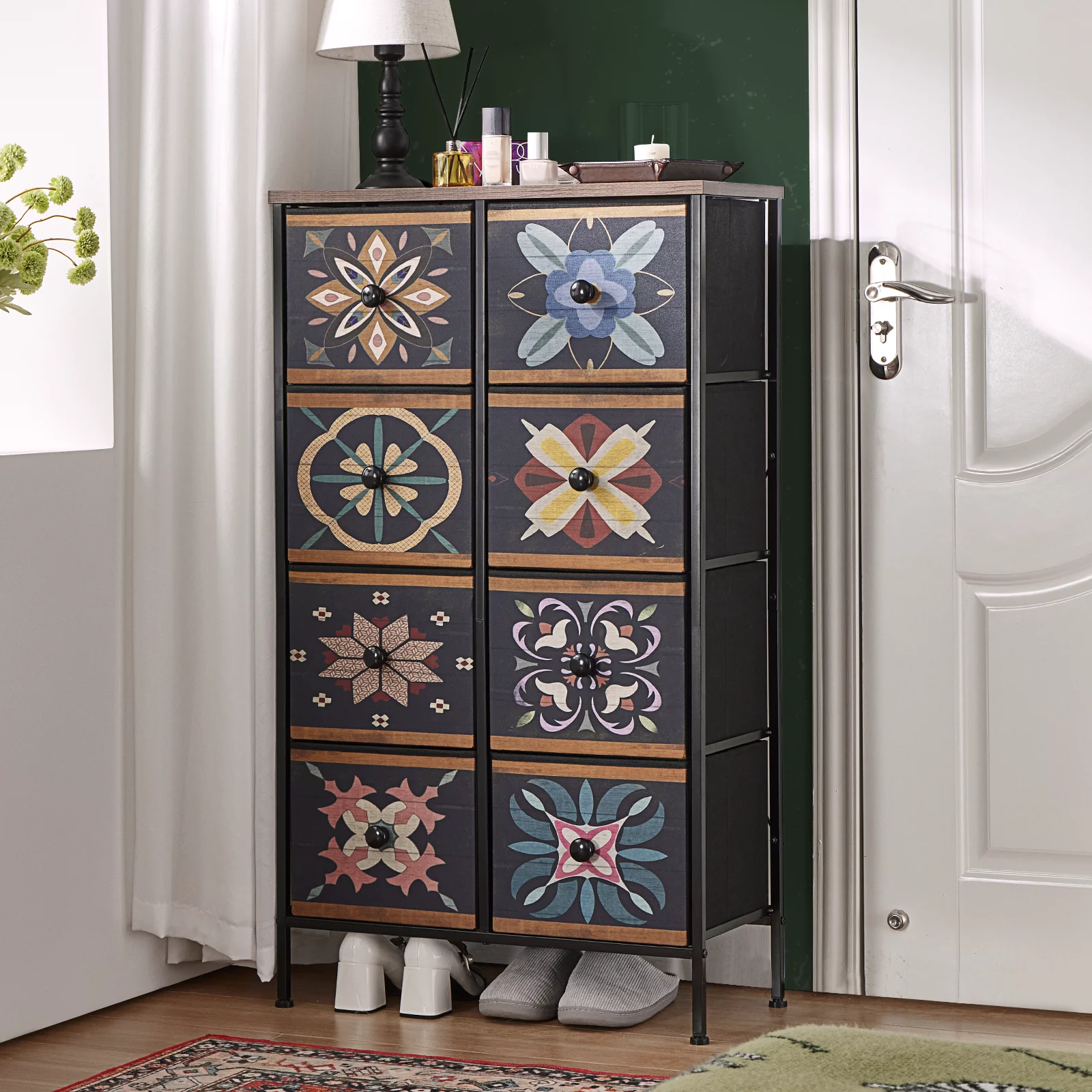 EnHomee 8 Drawer Bedroom Dresser, Bedroom Furniture Tall Dressers & Chests of Drawers with Unique Pattern for Closet Slim Doubel Dresser for Bedroom ，Colorful