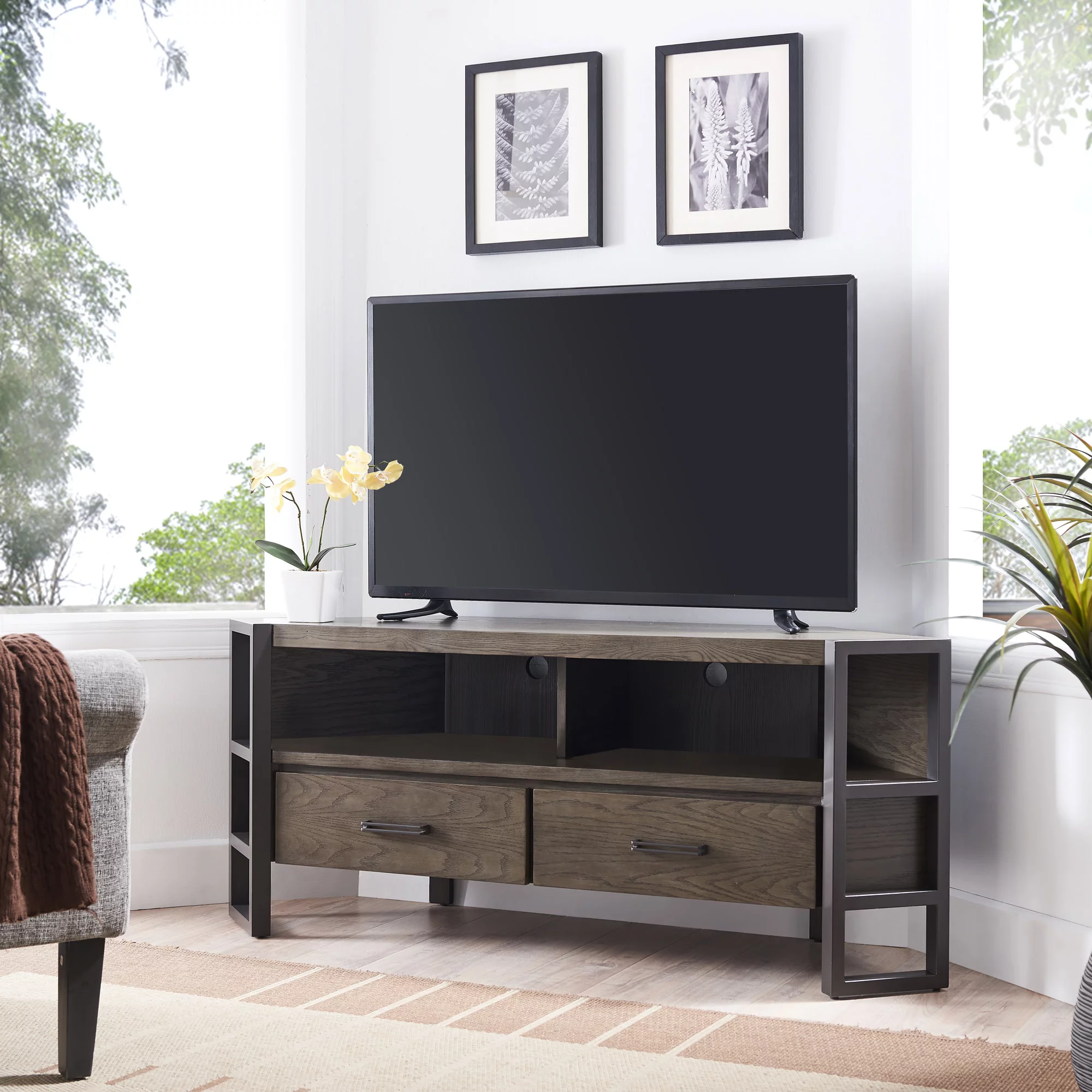 Leick Home 84389 Ender Mixed Metal and Wood Corner TV Stand For 60