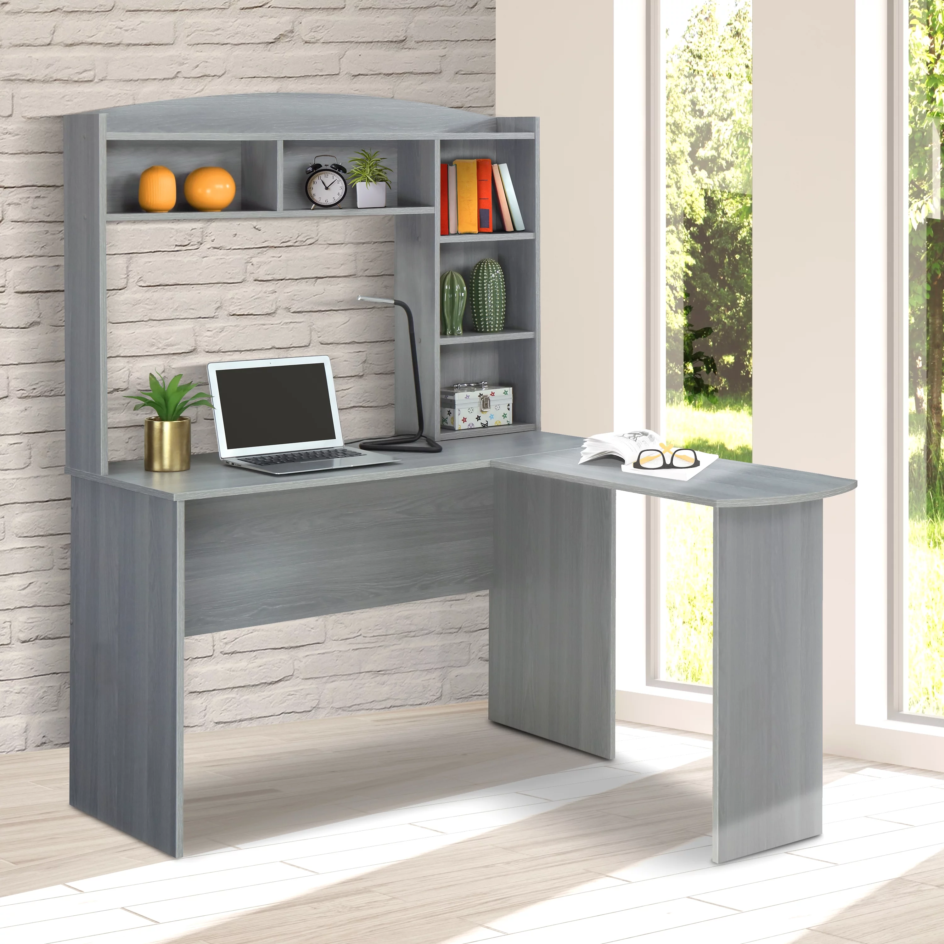 Abanopi Modern L-Shaped Desk with Hutch, Grey