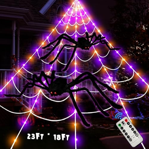 23Ft Giant Spider Web Halloween Decorations Outdoor Lights,180 Orange and Purple LED Light Up Giant Spider Web 60