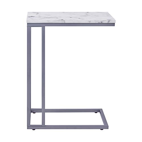 C-Shape Side End Table, Faux Marble Tray Snack Table with Metal Frame, Laptop Coffee Holder, Modern Furniture (Silver)