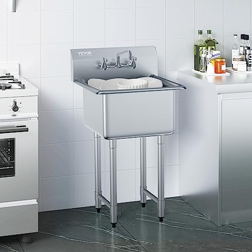 VEVOR Stainless Steel Prep & Utility Sink, 1 Compartment Free Standing Small Sink Include Faucet & legs, 21