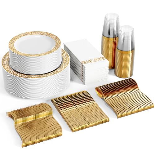FOCUSLINE 350 Ct Gold Dinnerware Set for 50 Guests, Gold Lace Plastic Plates Disposable Heavy Duty, Including 50 Dinner & Dessert Plates, Cups, Napkins, Cutlery Set