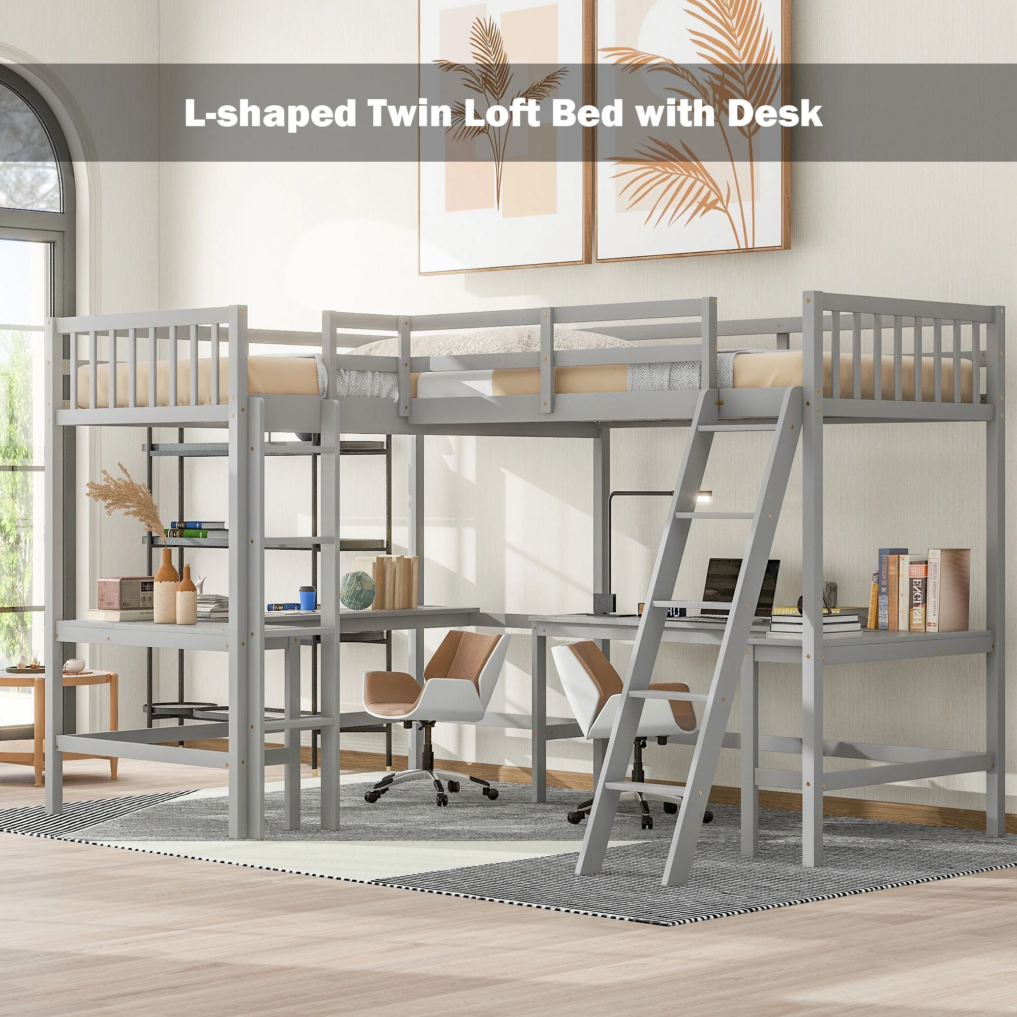 Bellemave L-Shaped Loft Bed with L-shaped Desk Twin Size Loft Bed with Desk for 2 Wood Corner Twin Beds with Ladder and Guardrails for Kids, Teens, No Box Spring Needed (Gray)