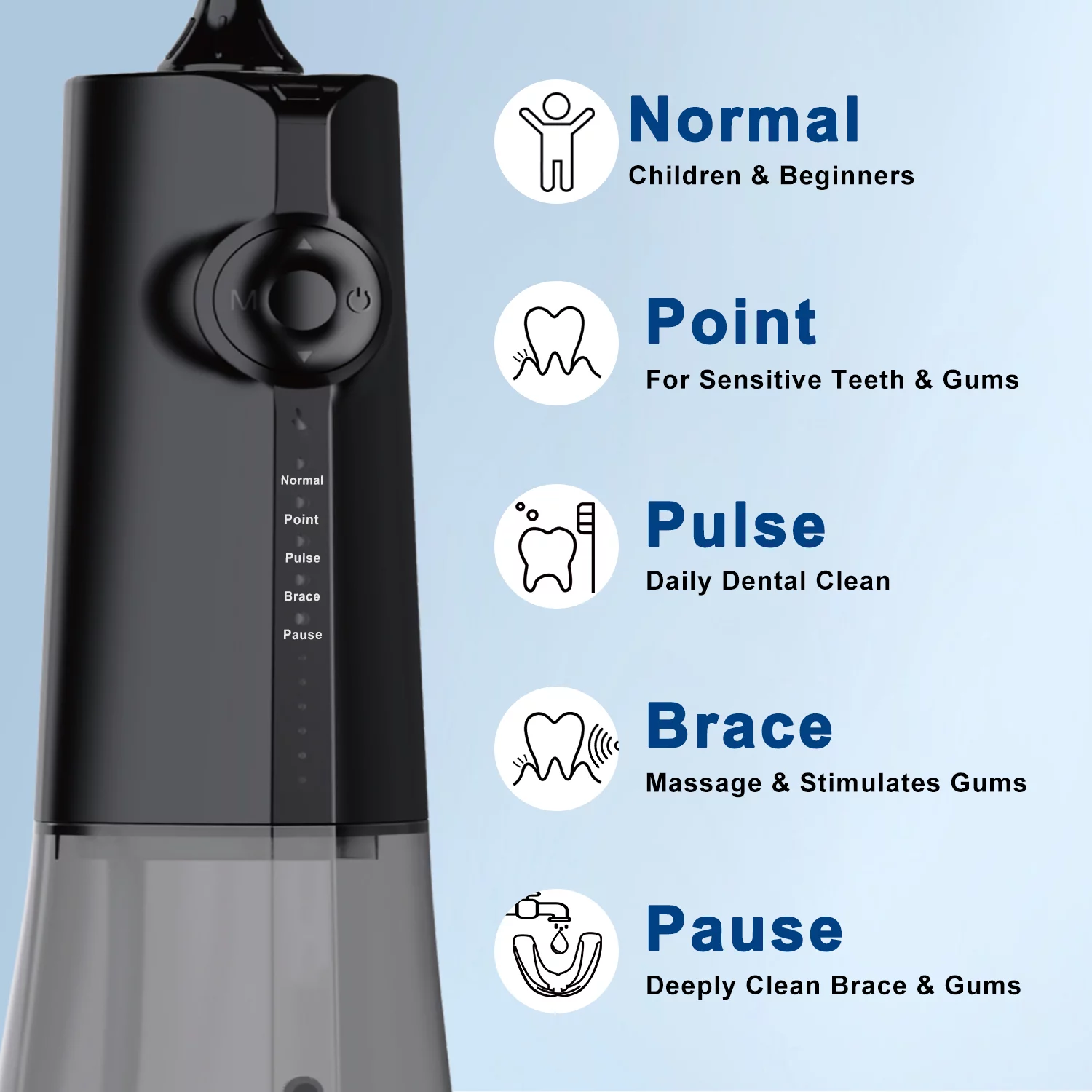 AZSmile Cordless Water Flosser for Teeth Cleaning, 5 Modes Portable Oral Irrigator for Teeth, Dental Care with 8 Tips, 300 ML Detachable Water Tank, Rechargeable Water Pick for Home Travel Black