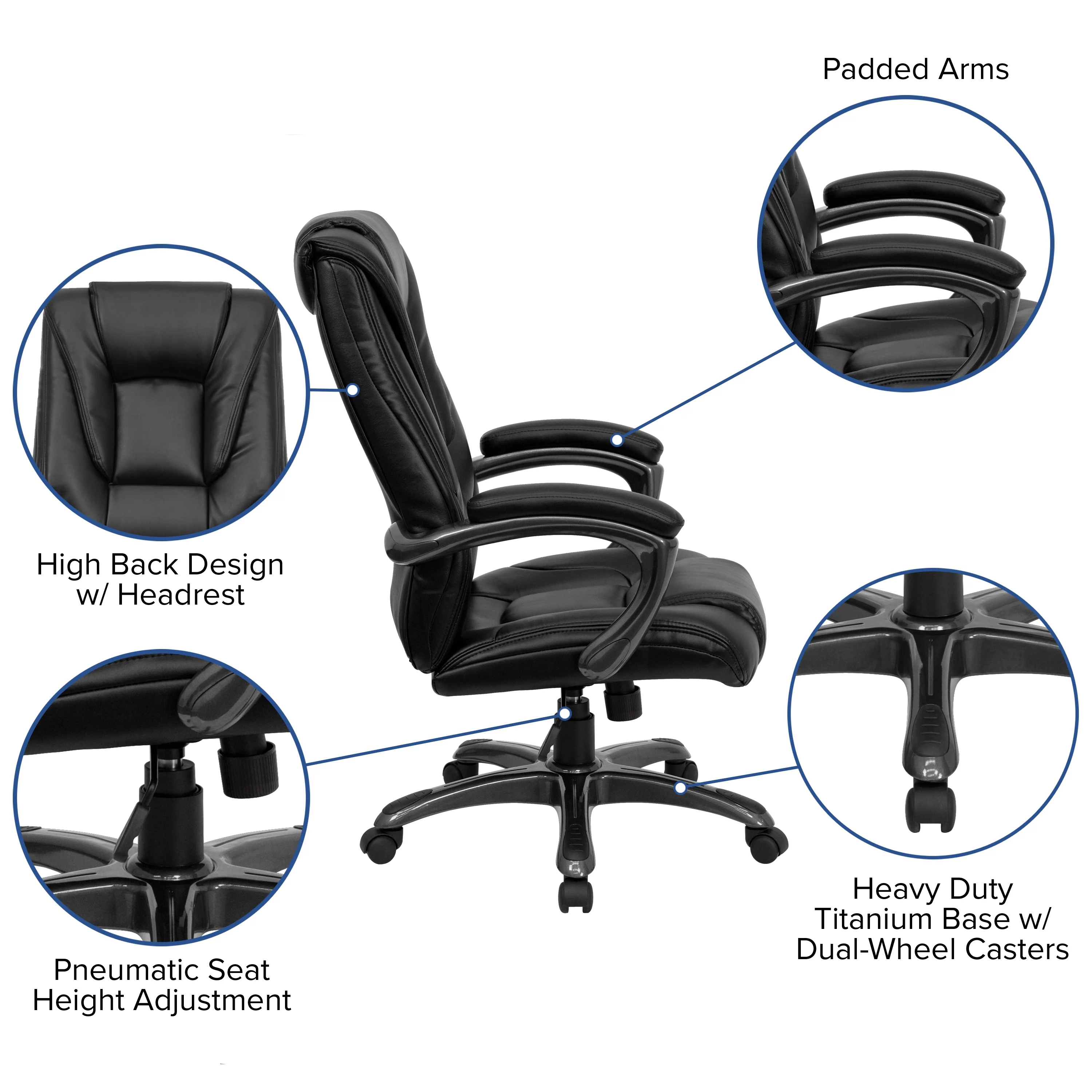 BizChair High Back Black LeatherSoft Layered Upholstered Executive Swivel Ergonomic Office Chair with Smoke Metal Base and Arms