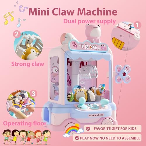 Mini Claw Machine Toy, Pink Frog Theme, Arcade Style Game with Wheels (Pink)