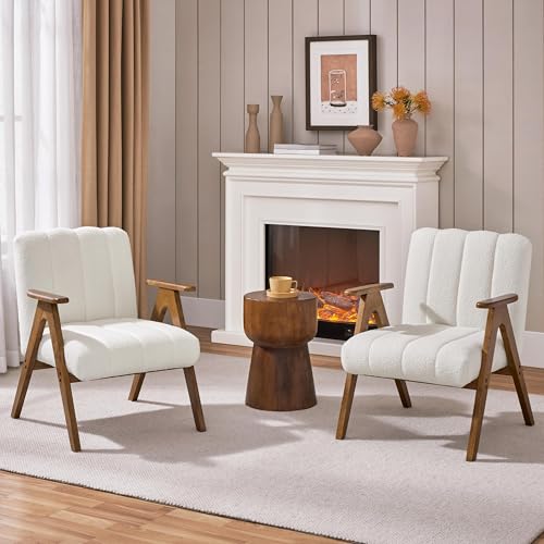 Yaheetech Boucle Fabric Mid Century Accent Chair, Modern Upholstered Living Room Chairs with Solid Wood Legs, Reading Armchair for Small Spaces Bedroom, White
