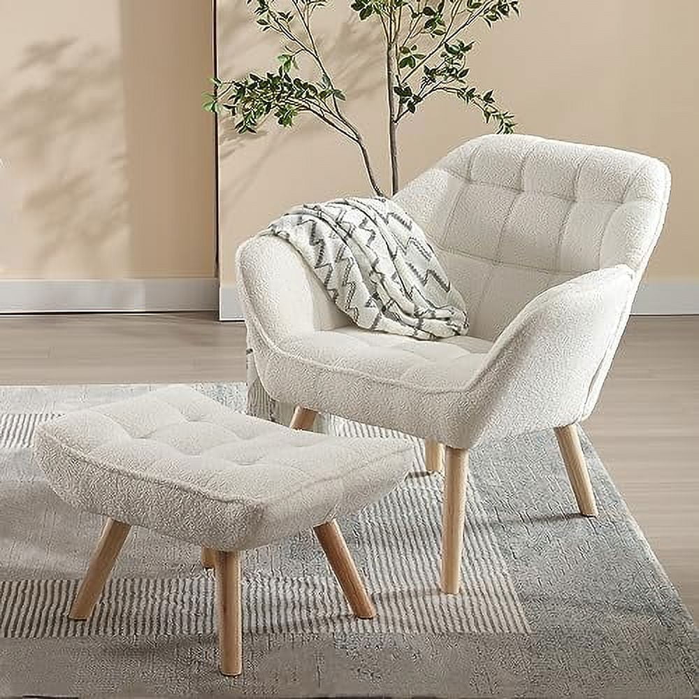 NLIBOOMLife Sherpa Accent Chair with Ottoman  Modern Lounge Chair with Footrest Upholstered Sofa Armchair with Wood Legs Comfy Reading Chair for Small Spaces/Living Room/Bedroom/Apartment
