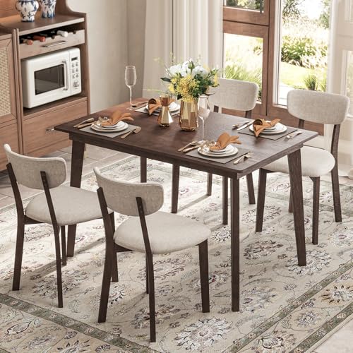 Tangkula Mid-Century Modern Round Dining Table Set for 2, Wooden Kitchen Table & 2 Chairs with Cushioned Seats, Compact 3-Piece Dining Set for Small Spaces, Kitchen, Living Room