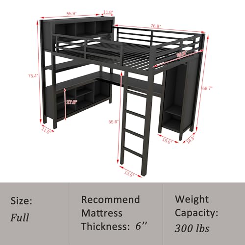 Linique Metal Loft Bed with Wardrobe & L-Shaped Desk - Sturdy Space-Saving Loft Bed Includes Storage Cubes, Shelves for Kids, Teens, Adults (White, Queen)